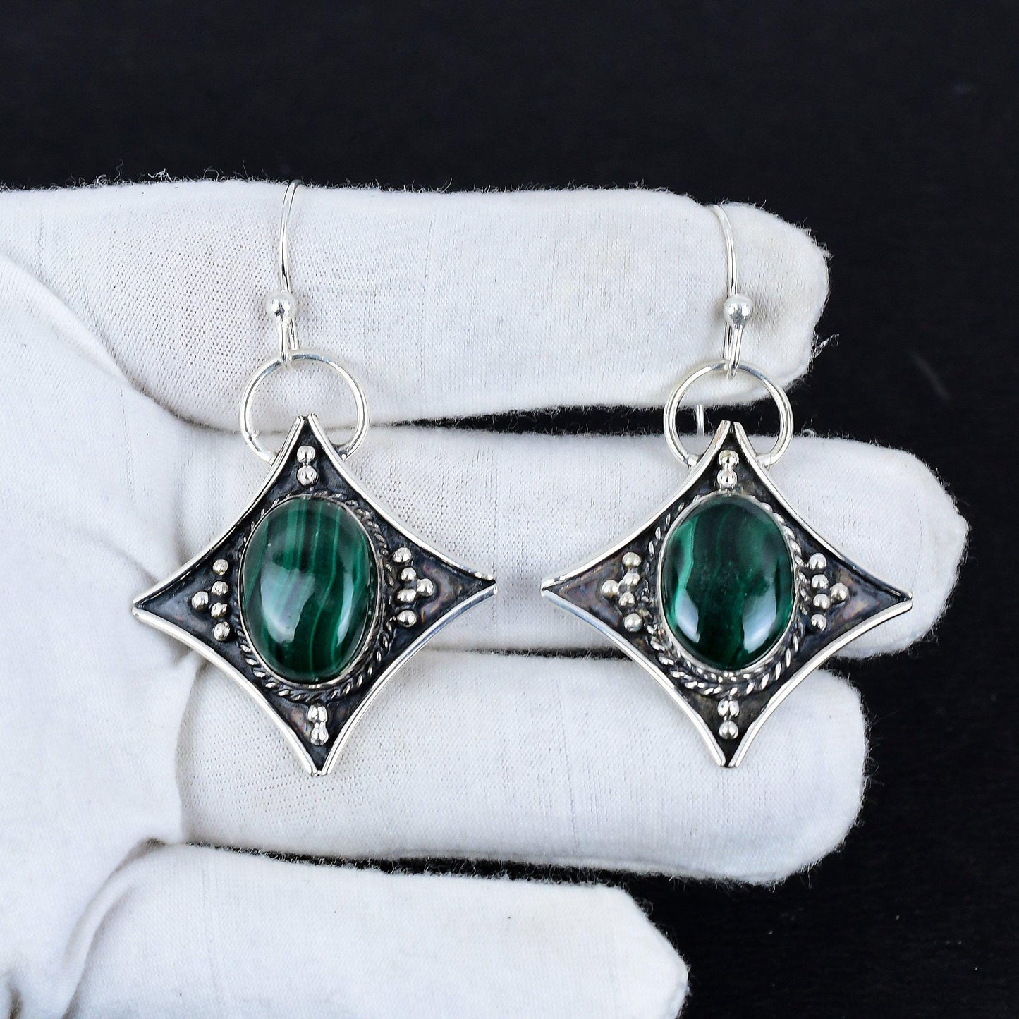 Green Malachite Gemstone Dangle Earrings