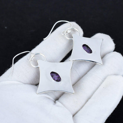 Purple Purpurite Gemstone Silver Dangle Earrings
