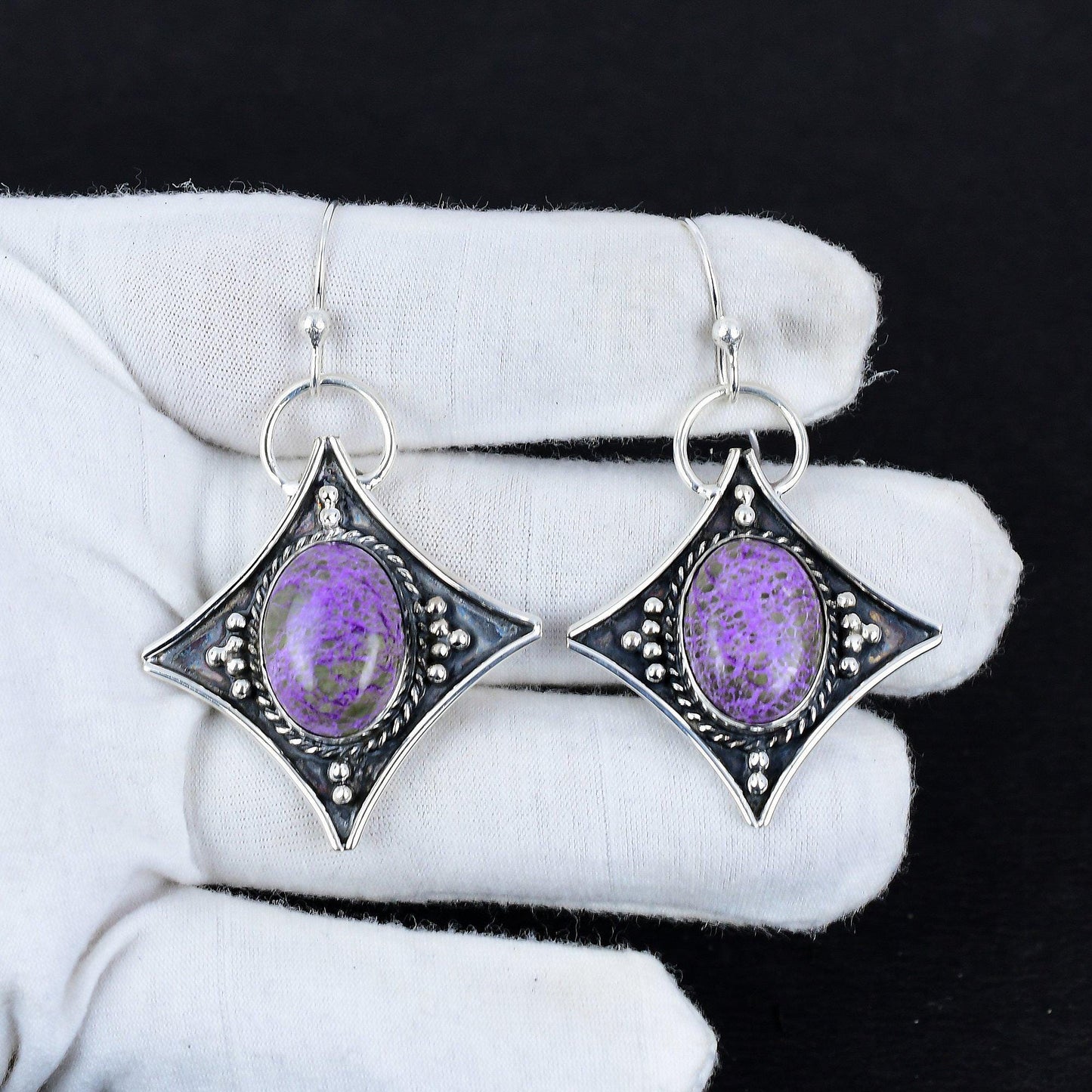 Purple Purpurite Gemstone Silver Dangle Earrings