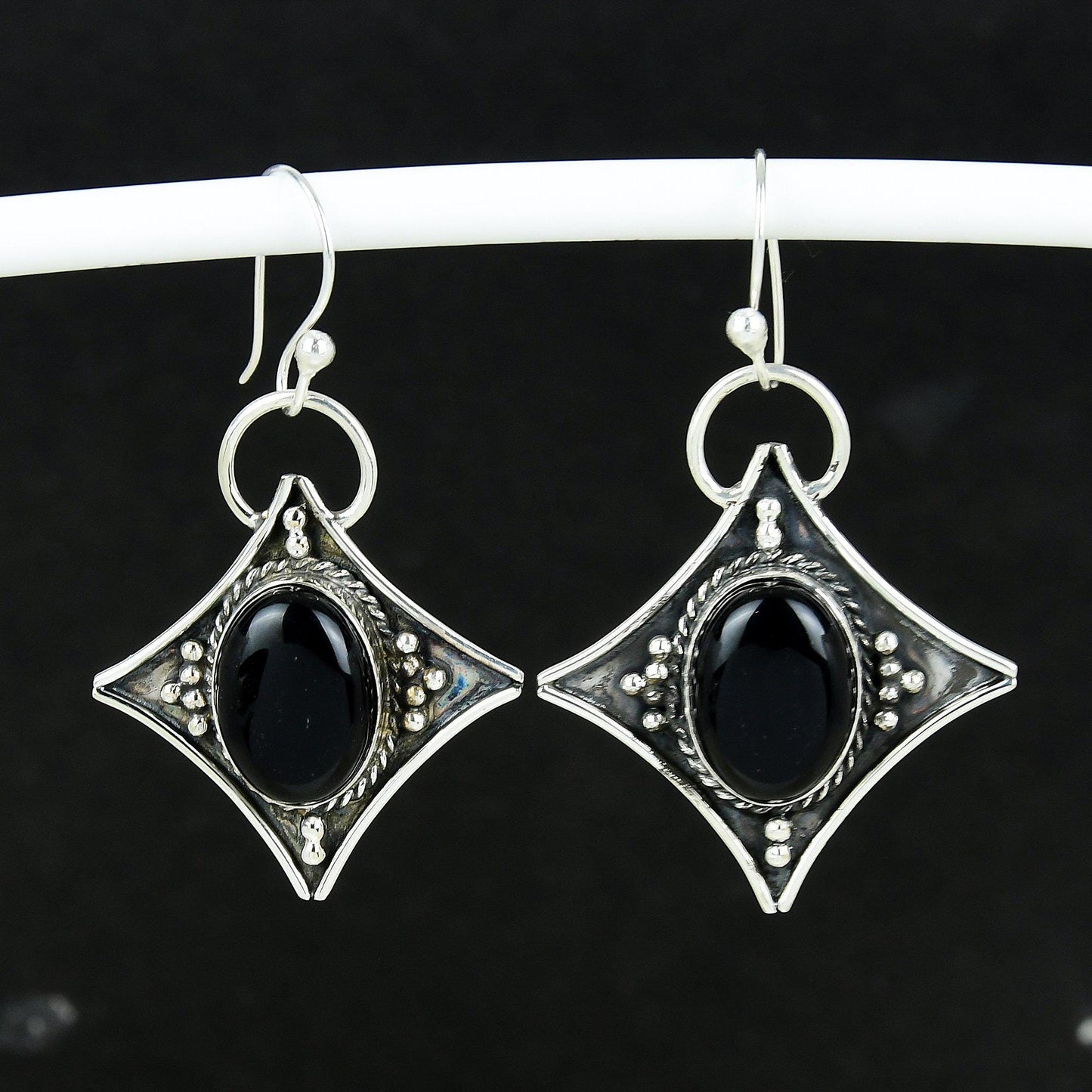 Black Onyx Gemstone Silver Dangle Earrings