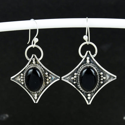 Black Onyx Gemstone Silver Dangle Earrings