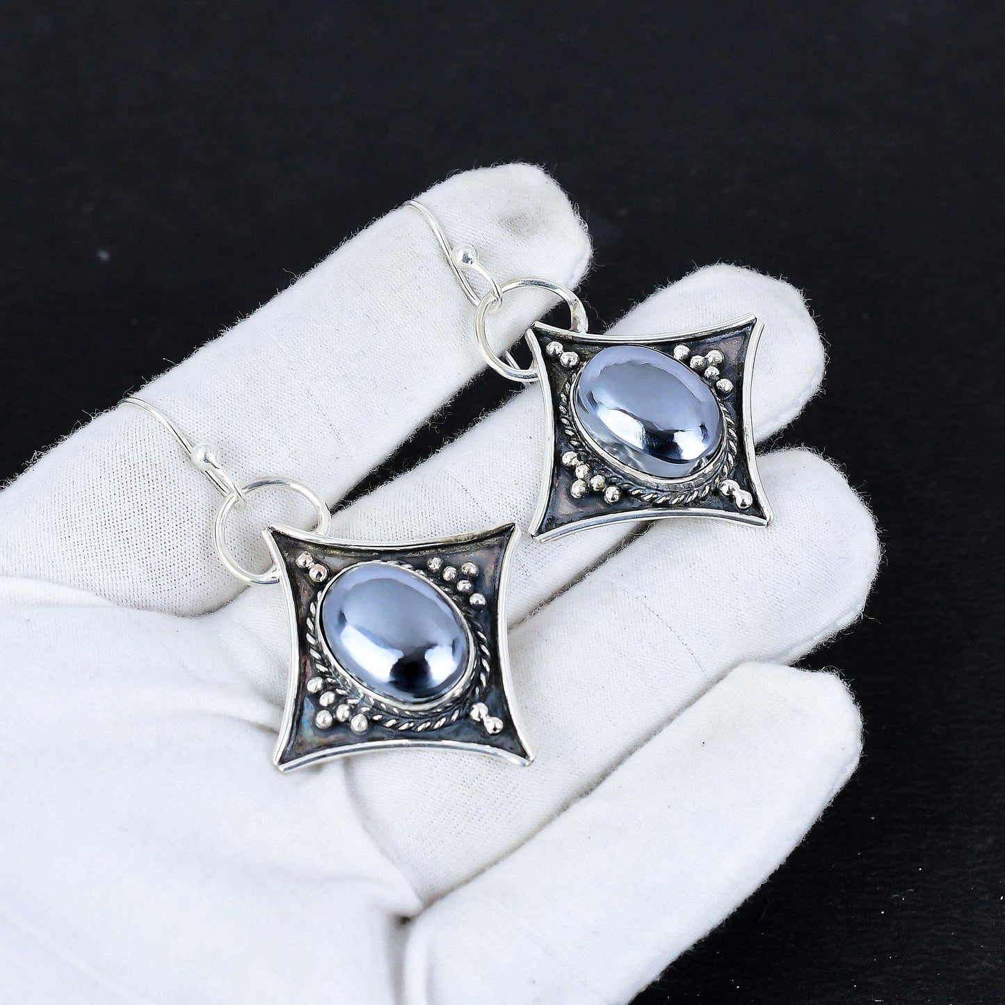 Black Shungite Silver Dangle Earrings