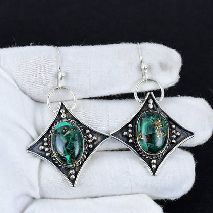 Green Malachite Gemstone Dangle Earrings