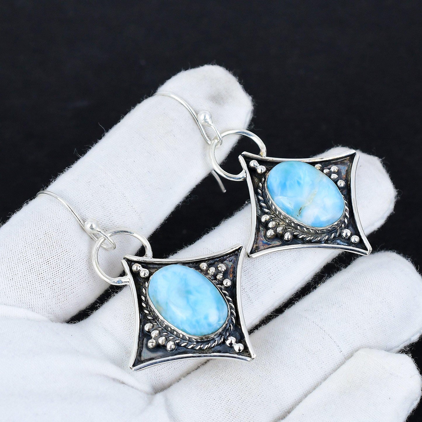 Blue Larimar Gemstone 925 Silver Dangle Earrings