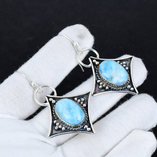 Blue Larimar Gemstone 925 Silver Dangle Earrings