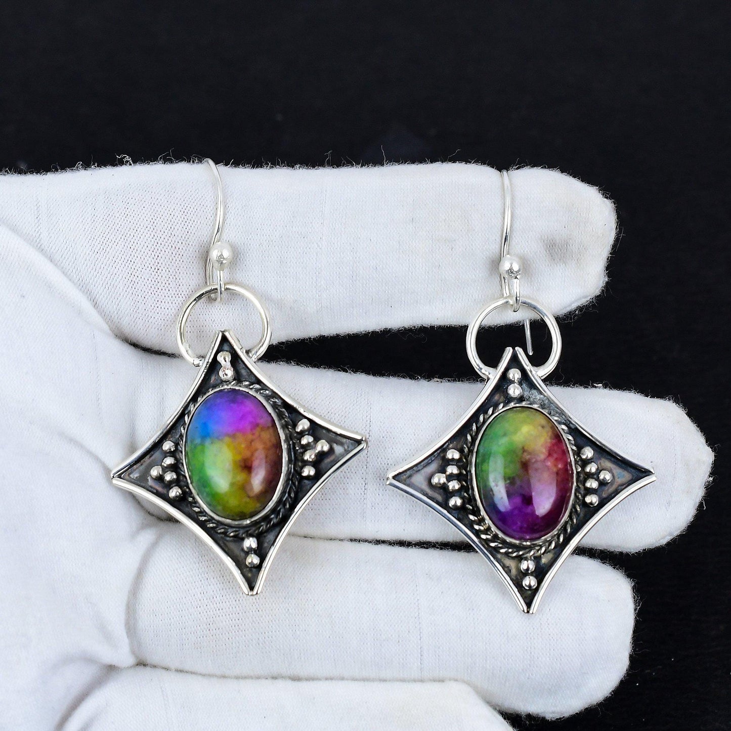 Rainbow Solar Quartz 925 Silver Dangle Earrings