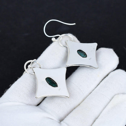 Emerald Green Gemstone Silver Dangle Earrings
