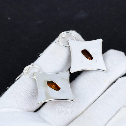 Amber Baltic Gemstone Silver Dangle Earrings