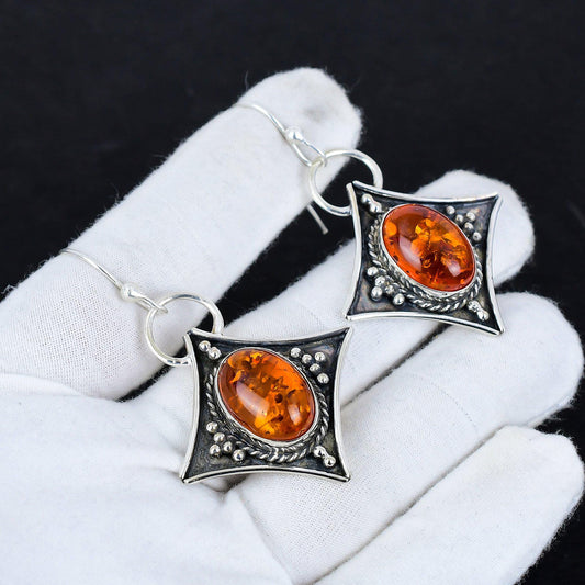 Amber Baltic Gemstone Silver Dangle Earrings