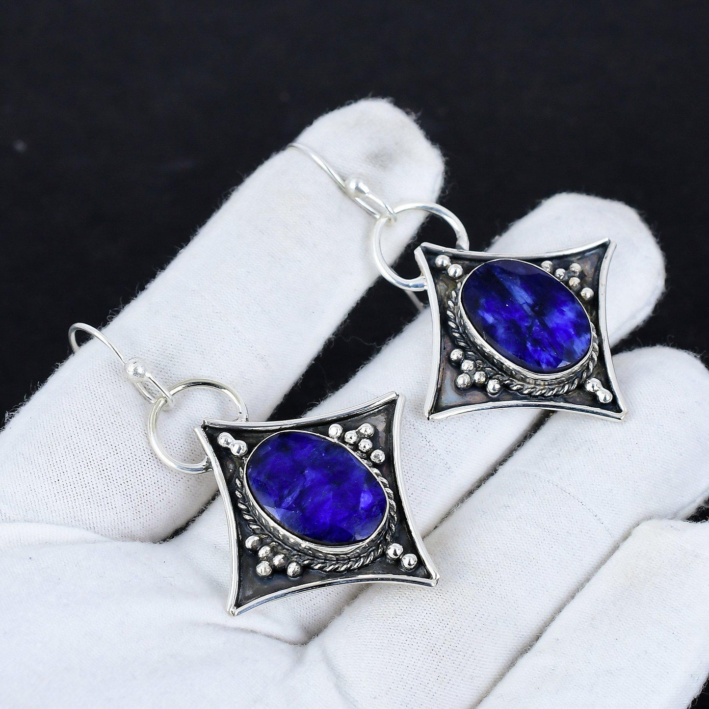 Blue Sapphire Gemstone Silver Dangle Earrings