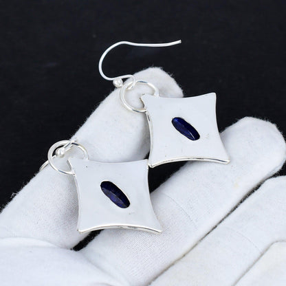 Blue Sapphire Gemstone Silver Dangle Earrings