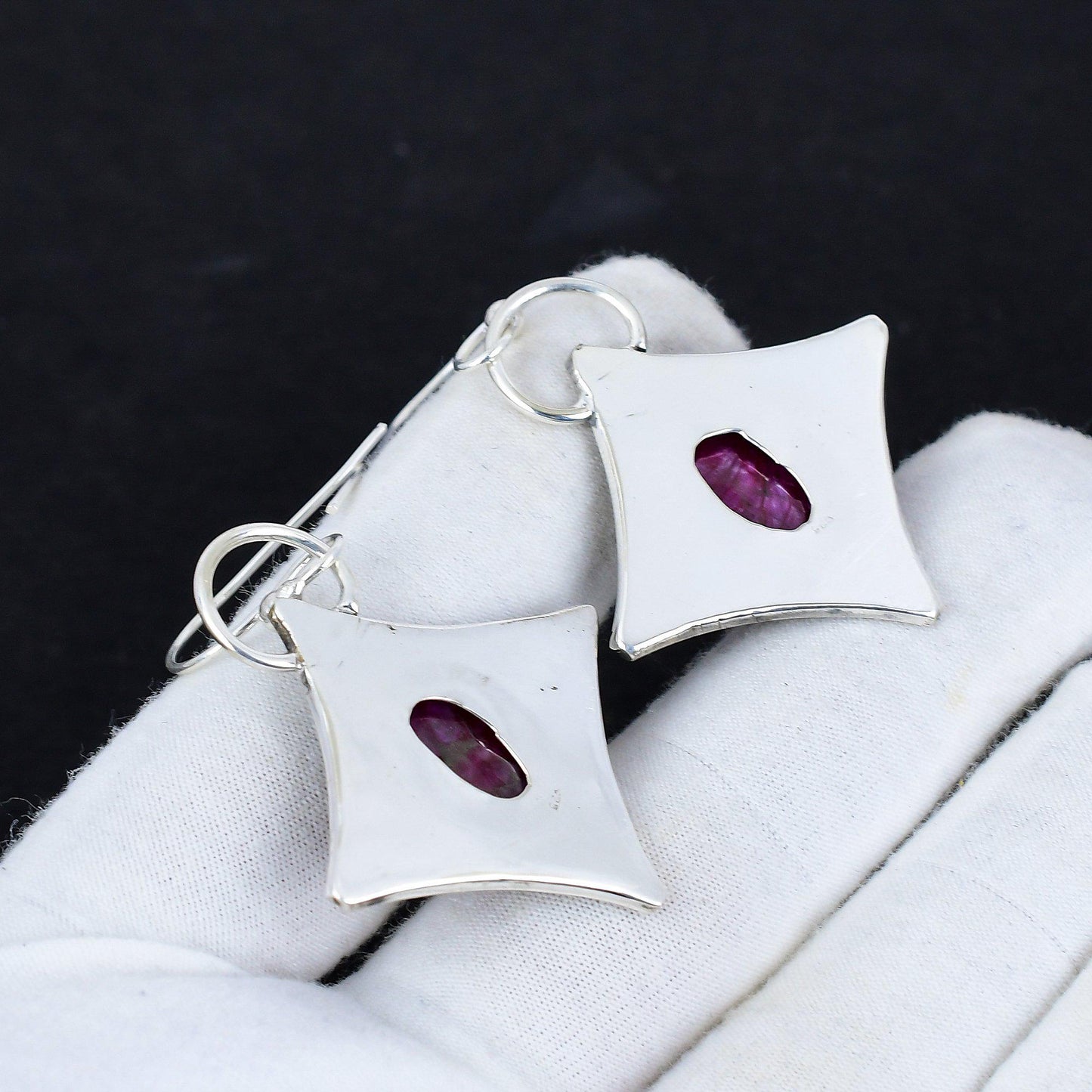 Red Ruby Gemstone Silver Dangle Earrings