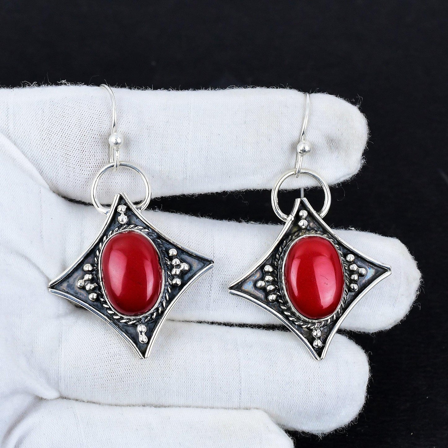 Red Coral Gemstone Dangle Earrings