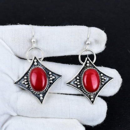 Red Coral Gemstone Dangle Earrings