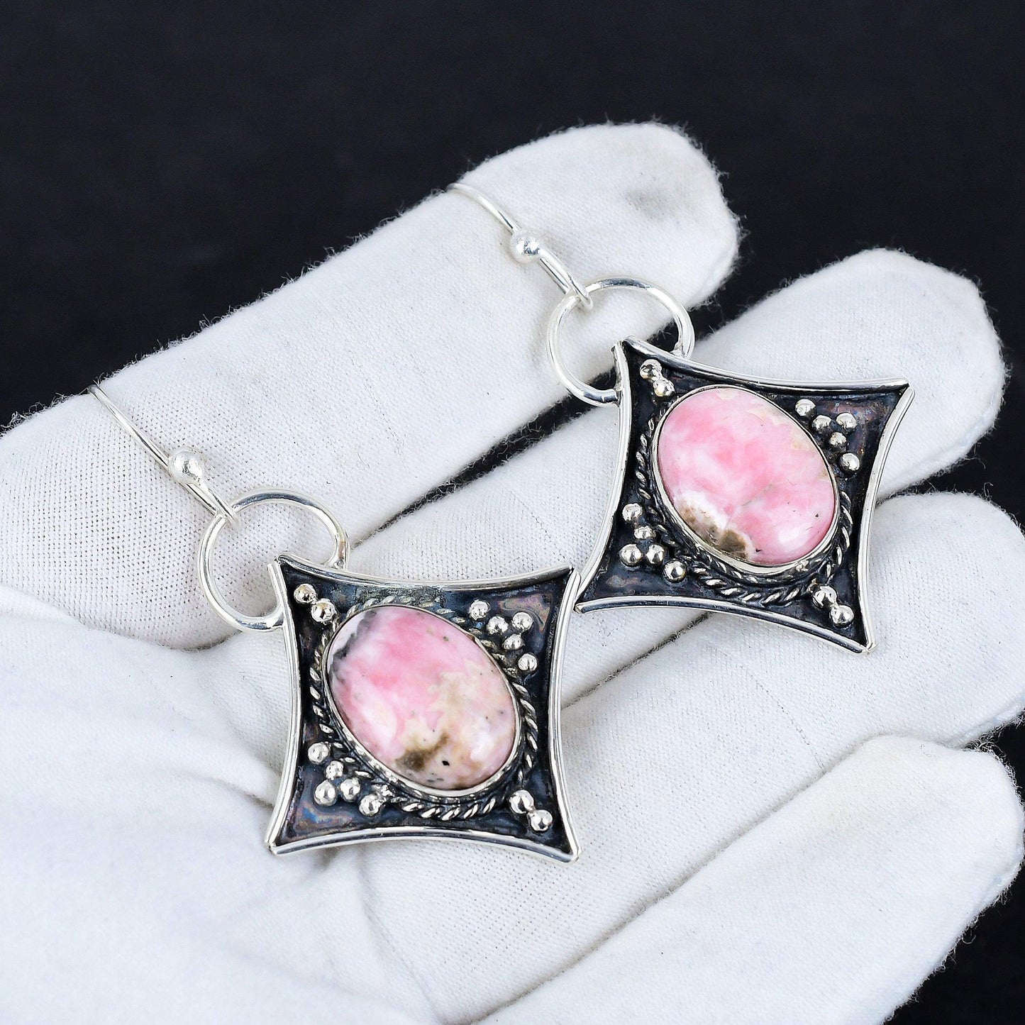 Pink Rhodochrosite Gemstone Dangle Earrings