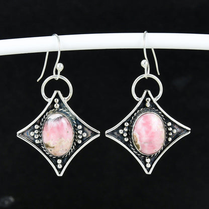 Pink Rhodochrosite Gemstone Dangle Earrings