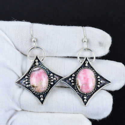 Pink Rhodochrosite Gemstone Dangle Earrings