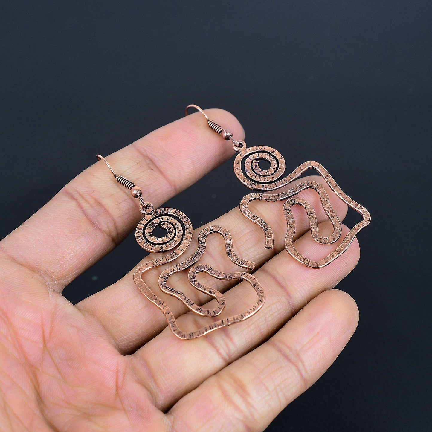 Copper Gemstone Spiral Dangle Earrings