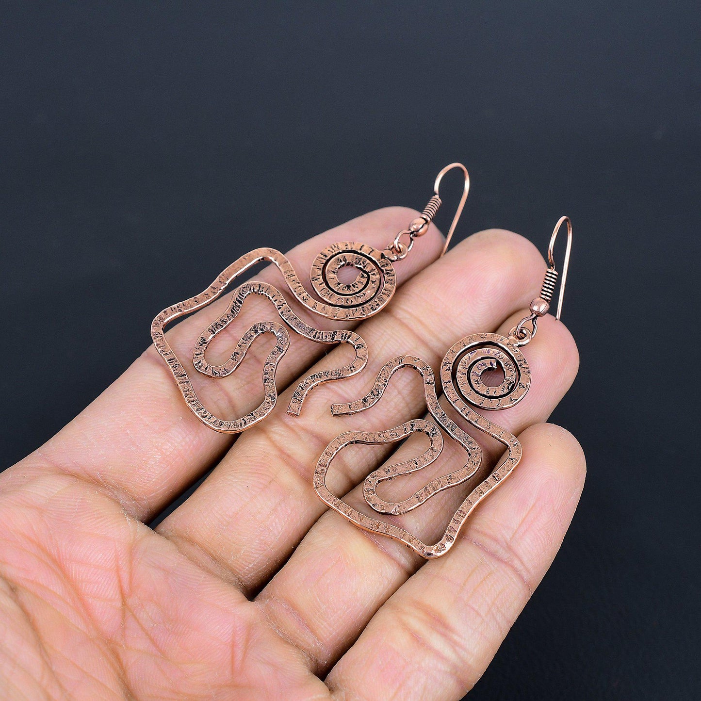 Copper Gemstone Spiral Dangle Earrings
