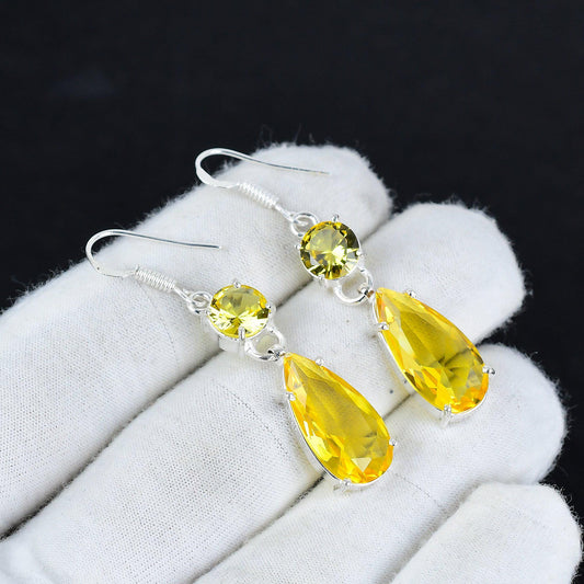 Yellow Citrine Gemstone Sterling Silver Earrings