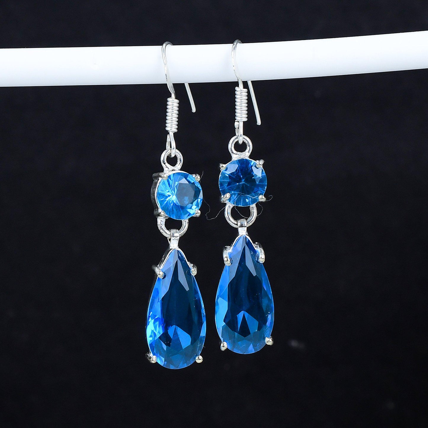 Blue Topaz Gemstone Sterling Silver Dangle Earrings