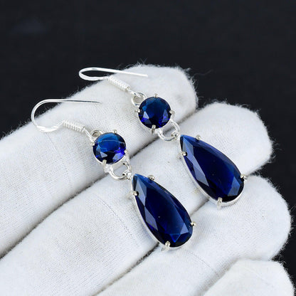Blue Sapphire Gemstone Hook Earrings