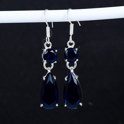 Blue Sapphire Gemstone Hook Earrings
