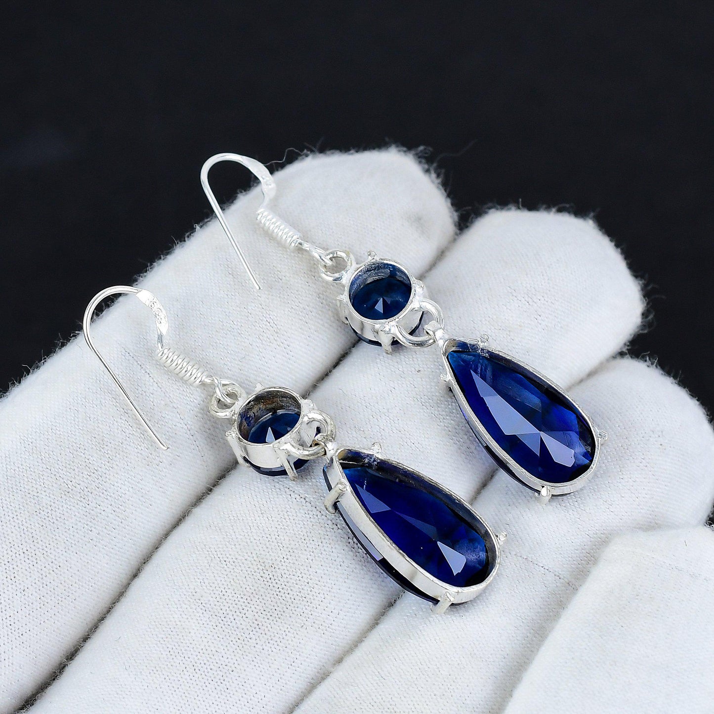 Blue Sapphire Gemstone Hook Earrings