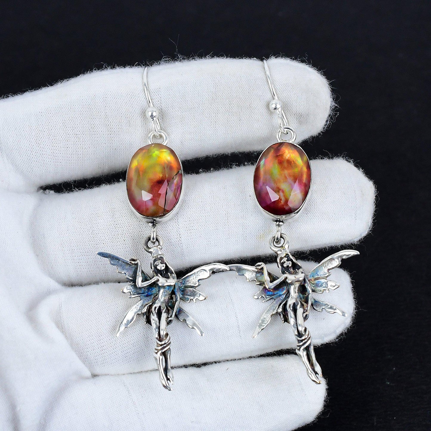Rainbow Ammolite Sterling Silver Hook Earrings