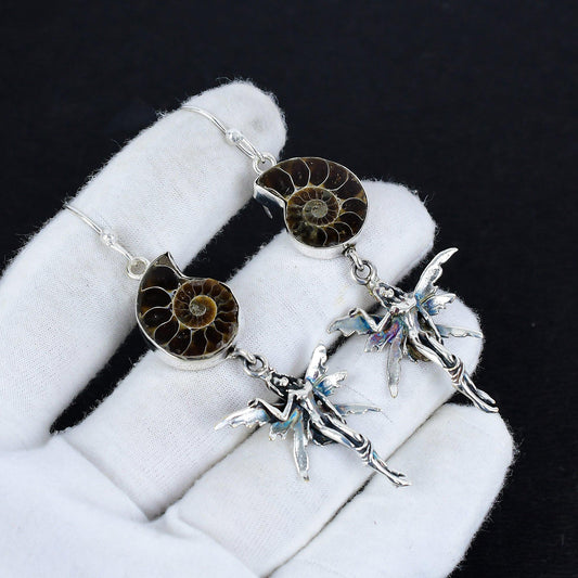 Brown Ammonite Gemstone Silver Earrings