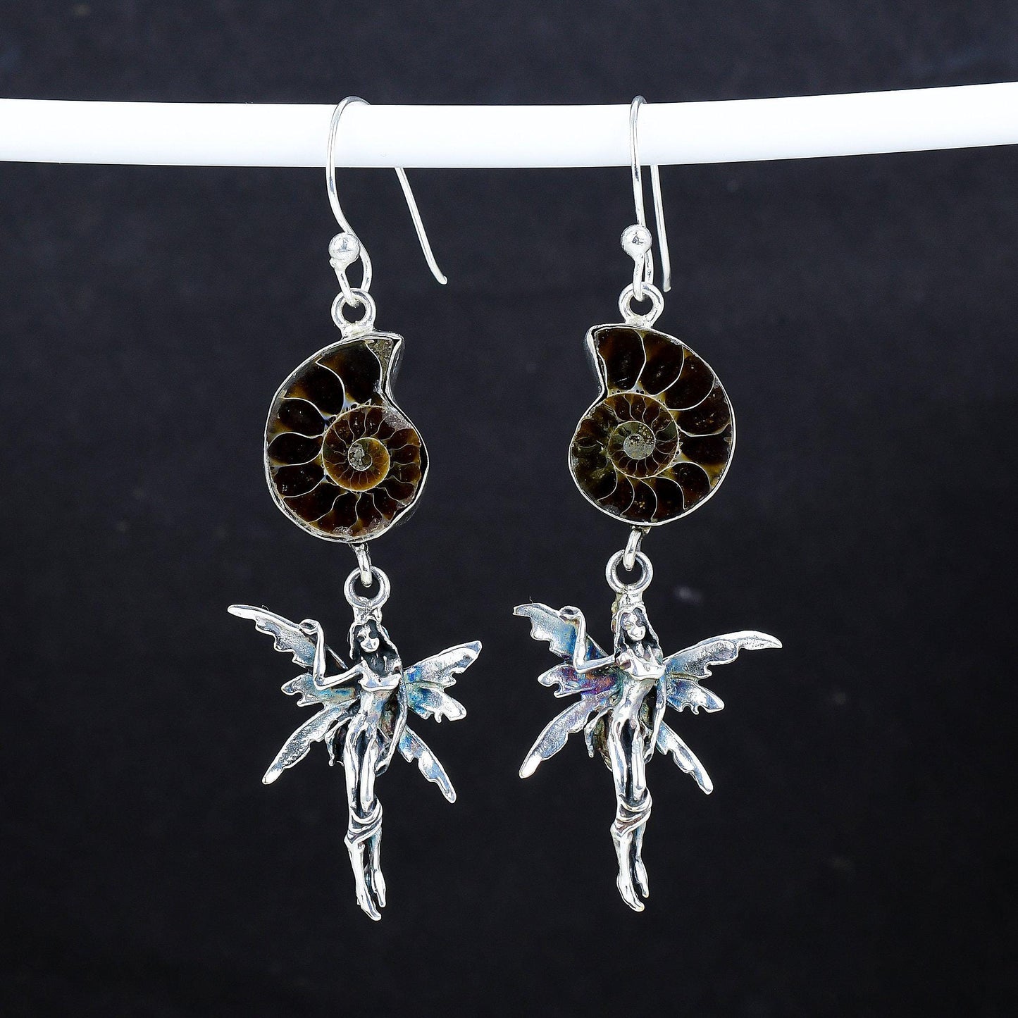 Brown Ammonite Gemstone Silver Earrings