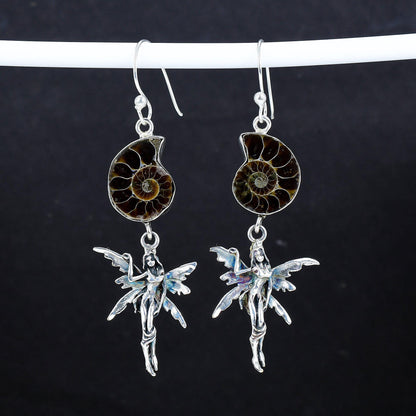 Brown Ammonite Gemstone Silver Earrings