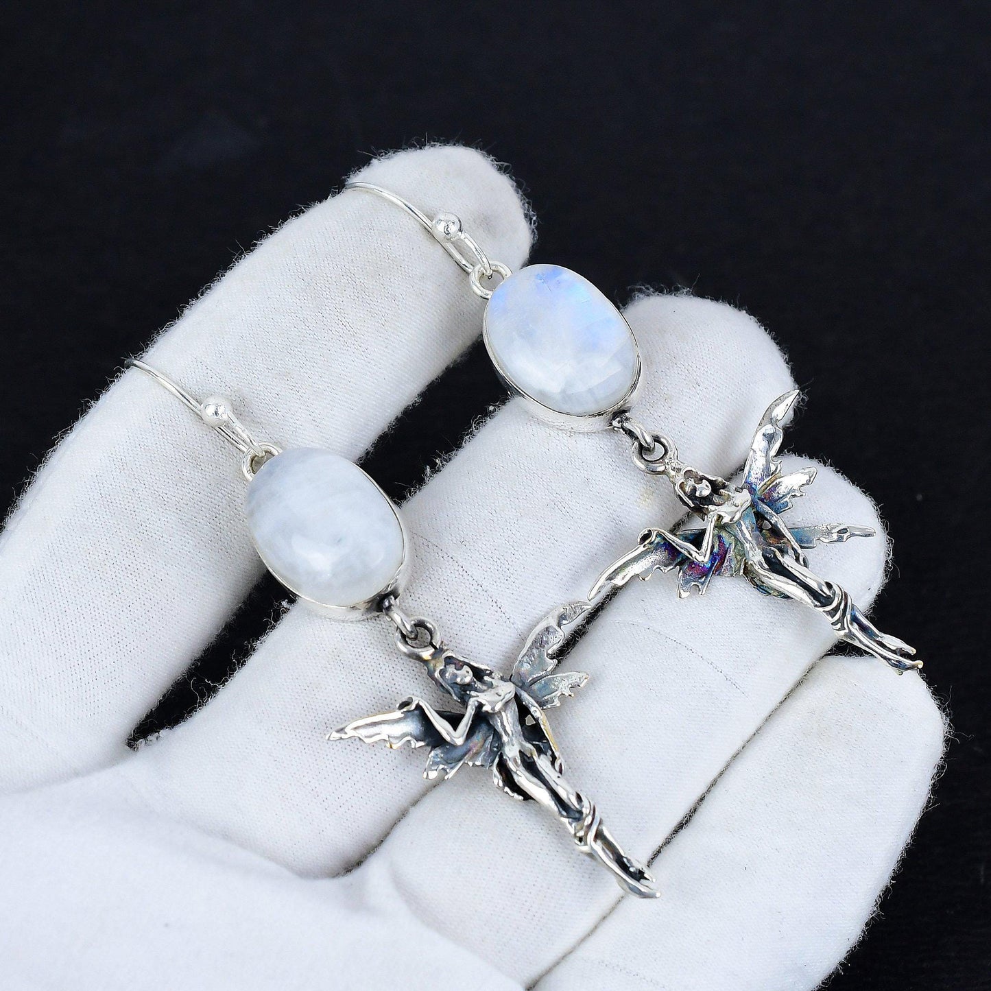 Rainbow Moonstone Gemstone Silver Earrings