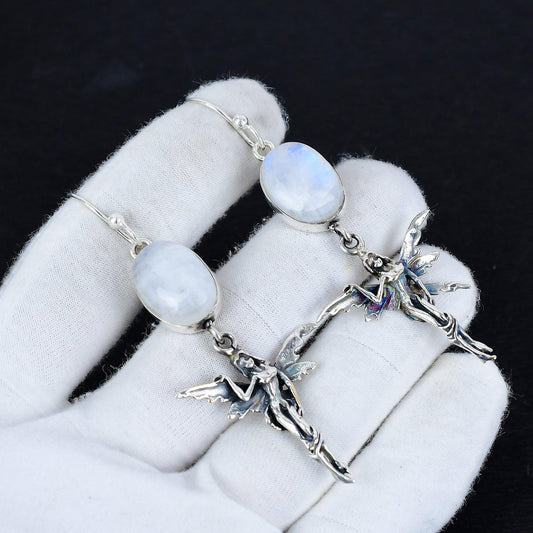Rainbow Moonstone Gemstone Silver Earrings