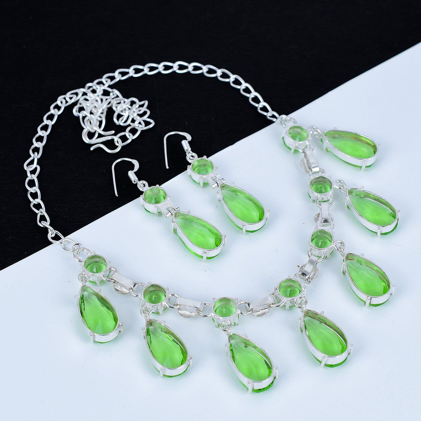 Green Peridot Gemstone Necklace & Earrings Set