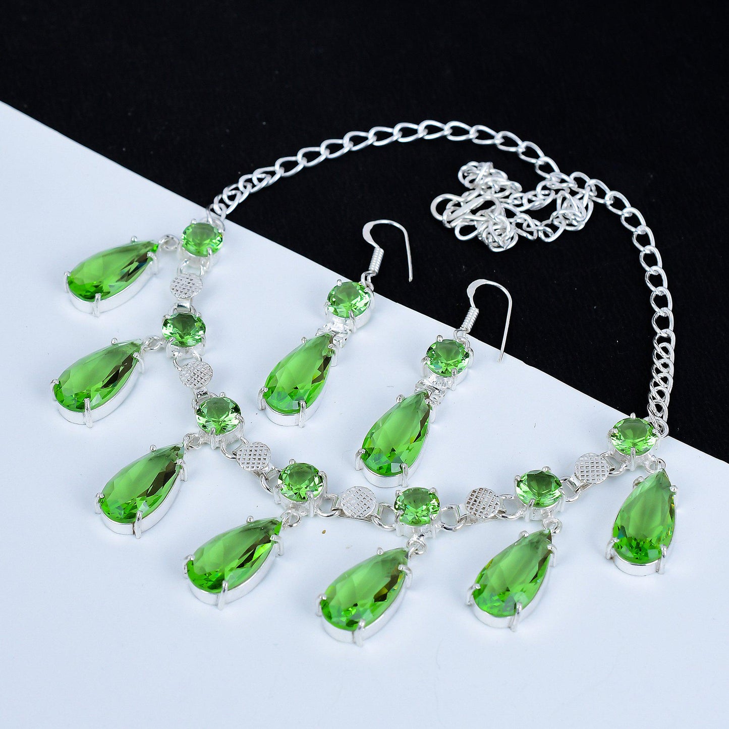 Green Peridot Gemstone Necklace & Earrings Set
