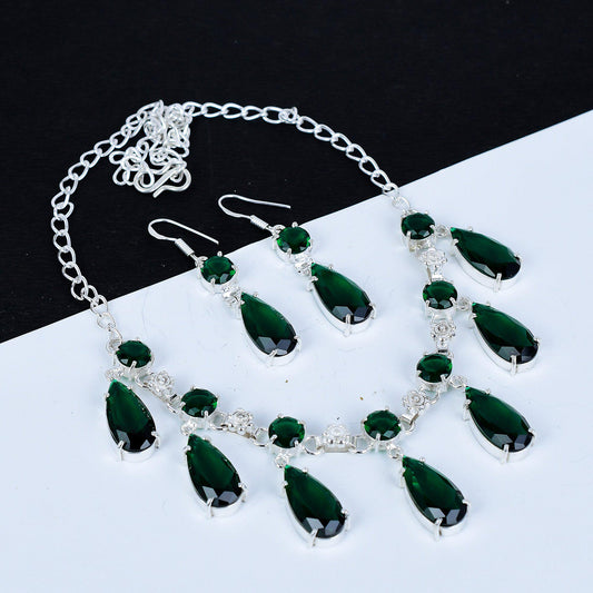 Green Tourmaline Sterling Silver Necklace & Earrings Set