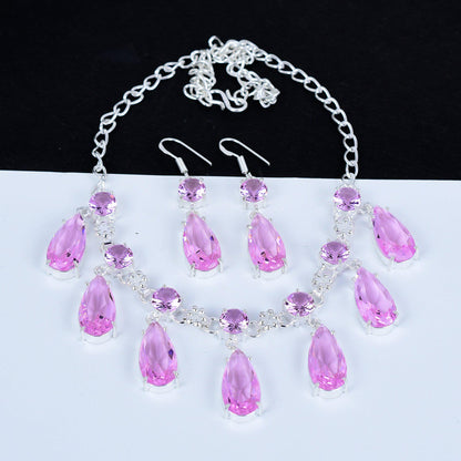 Pink Kunzite Gemstone Necklace & Silver Earrings Set
