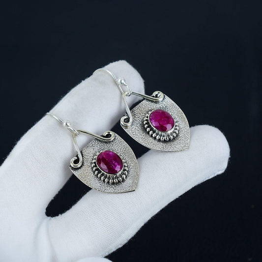 Ruby Red Sterling Silver Dangle Earrings