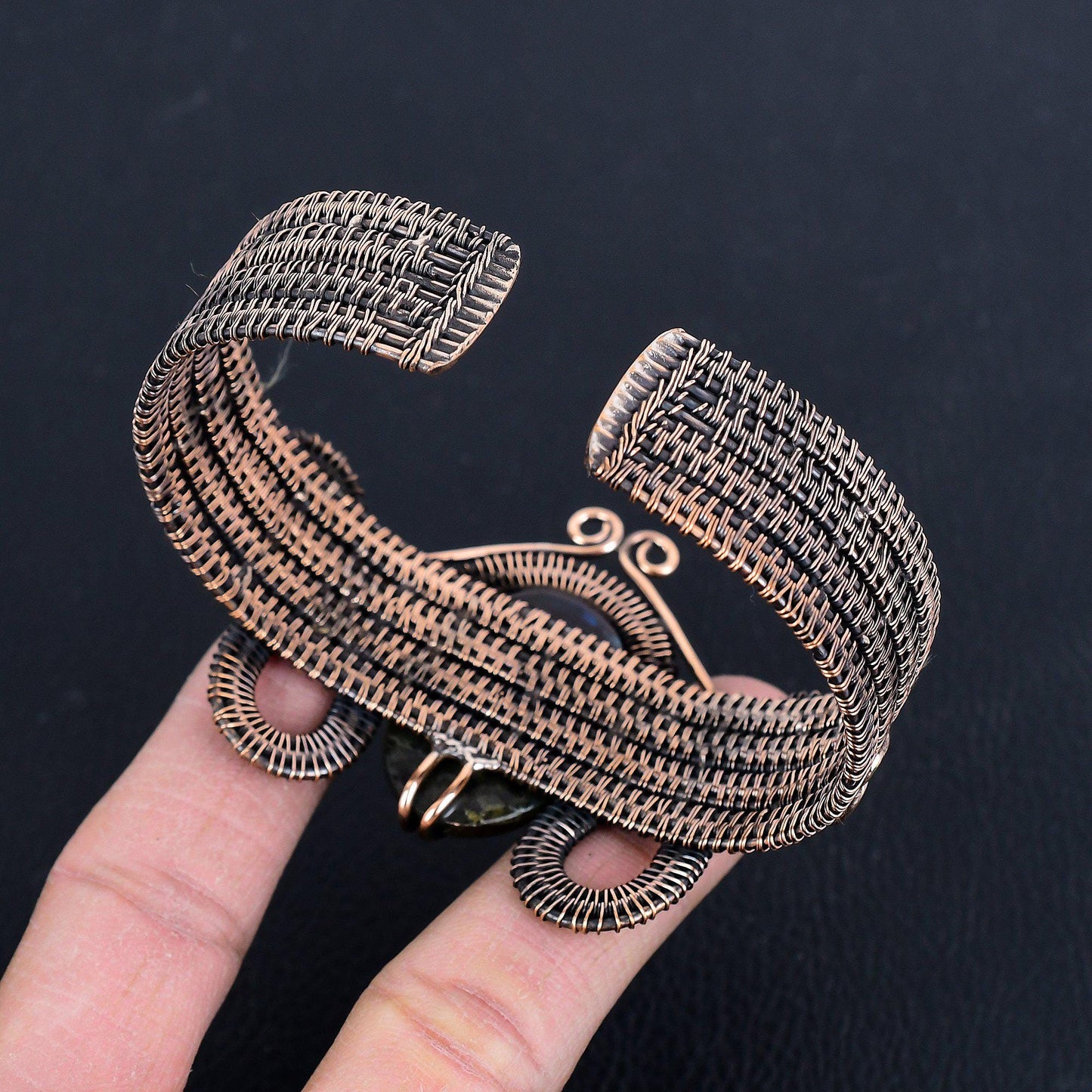 Blue-Green Labradorite Gemstone Copper Cuff