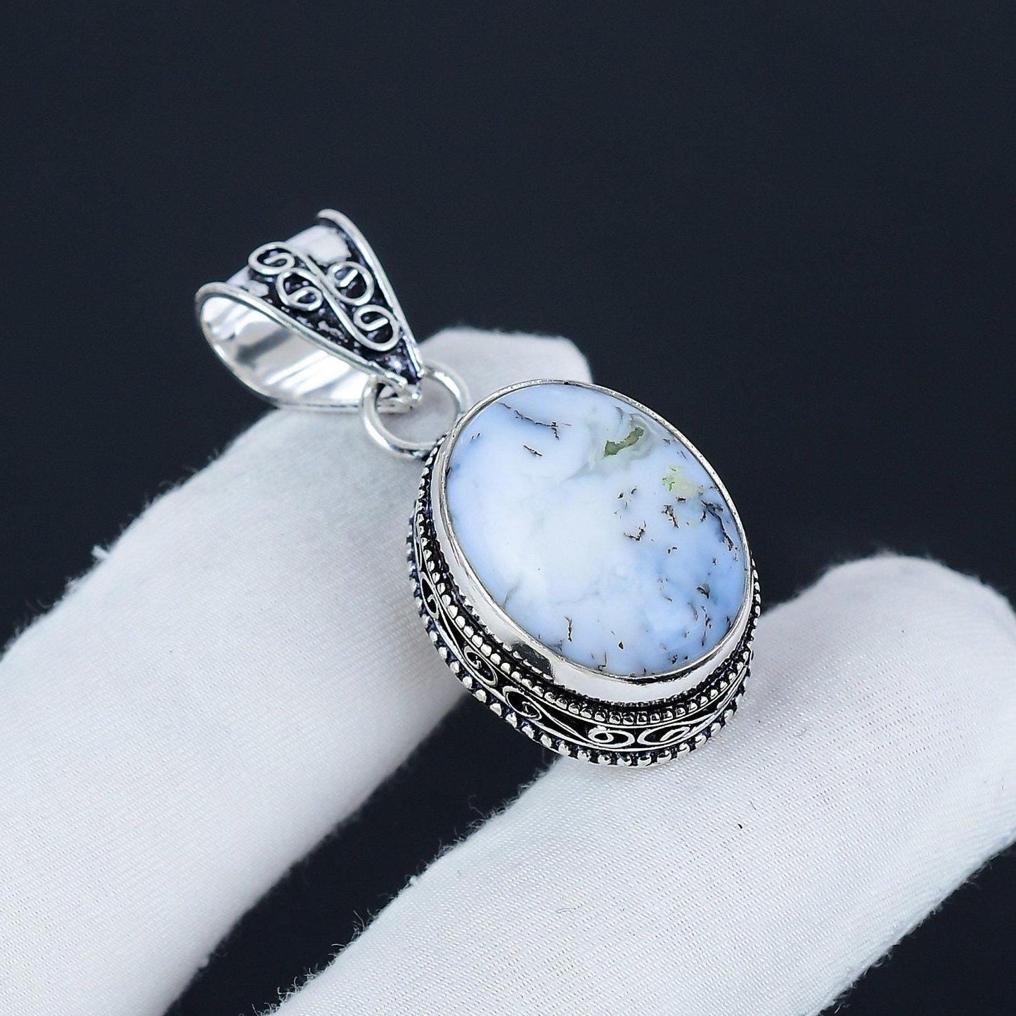 White Dendrite Opal Pendant