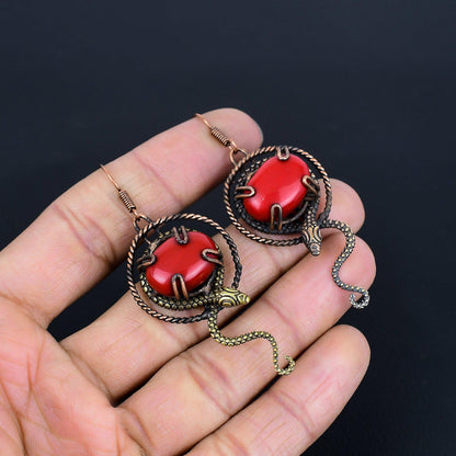 Red Coral Gemstone Copper Wire Earrings