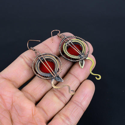 Red Coral Gemstone Copper Wire Earrings