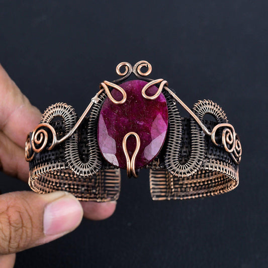 Red Ruby Gemstone Copper Cuff Bracelet