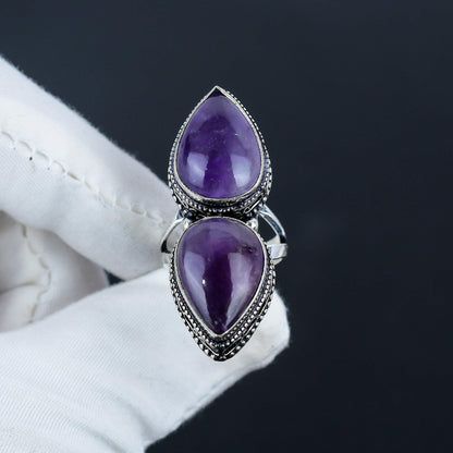 Purple Amethyst Teardrop Double Stone Ring