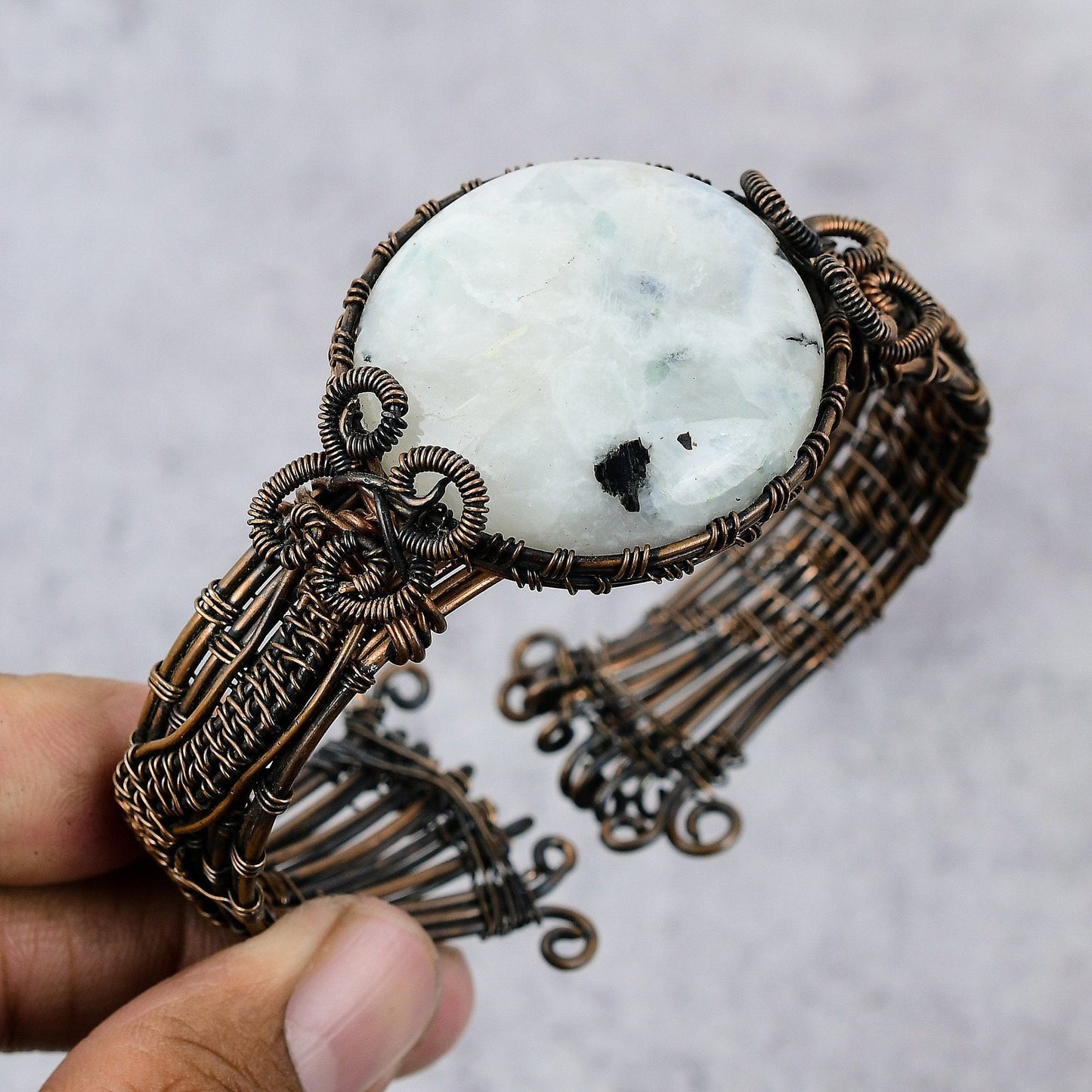 Rainbow Moonstone Gemstone Copper Bangle