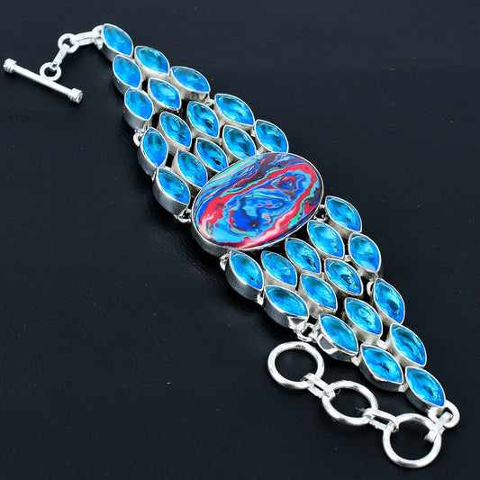 Rainbow Calsilica & Blue Topaz Gemstone Bracelet