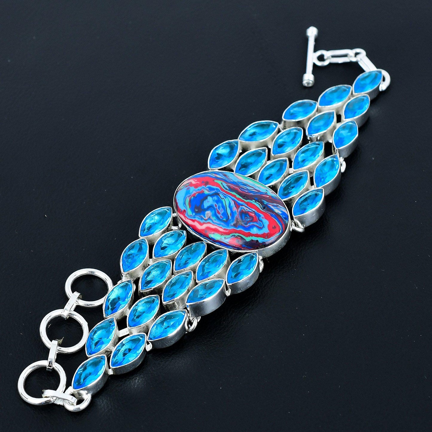 Rainbow Calsilica & Blue Topaz Gemstone Bracelet