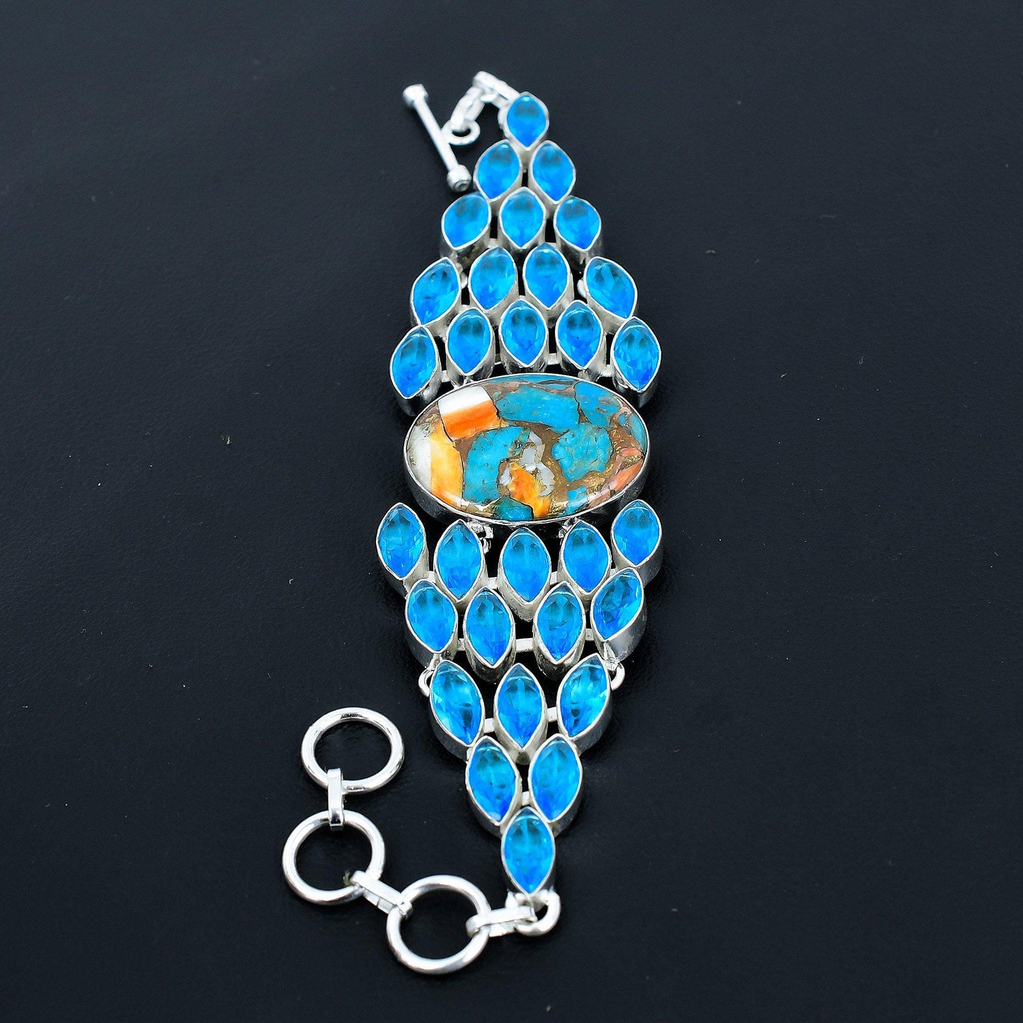 Orange Spiny Oyster & Blue Topaz Gemstone Bracelet