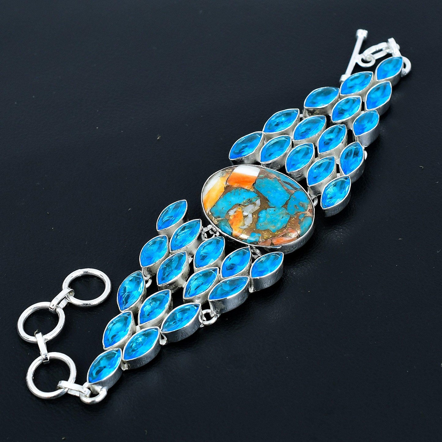 Orange Spiny Oyster & Blue Topaz Gemstone Bracelet